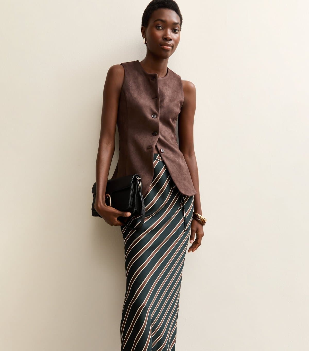 New Look Women's Tall Black Satin Striped Bias Cut Midi Skirt New Look