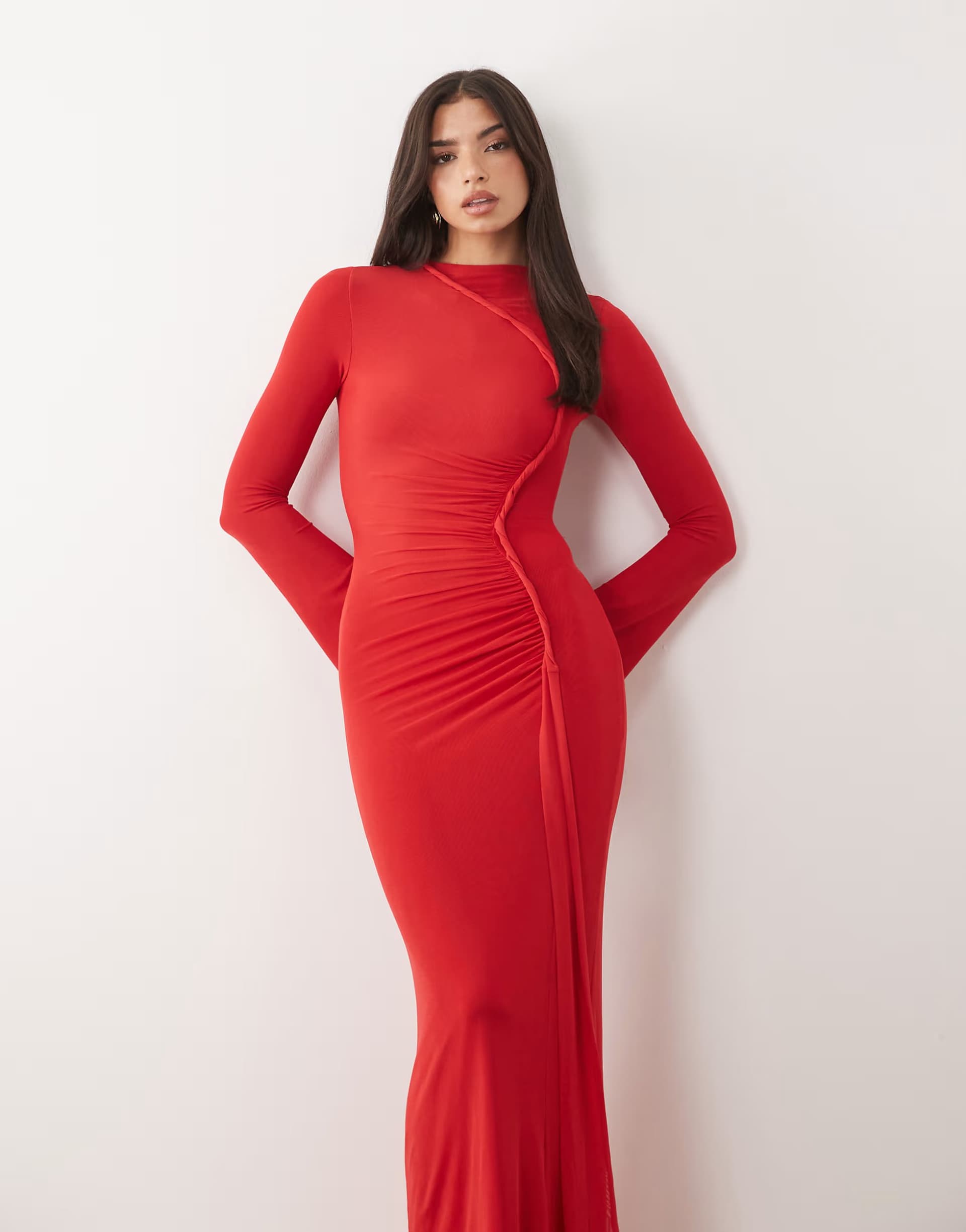 ASOS ASOS DESIGN mesh long sleeve maxi dress with twist detail in red