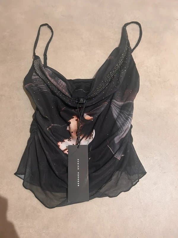 Bershka Bershka Rhinestone Draped Tulle Floral Cowl Top