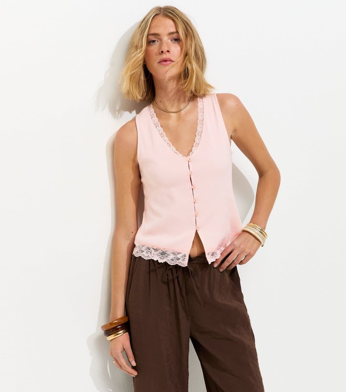 New Look Women's Pink Lace Trim Button Up Rib Vest New Look