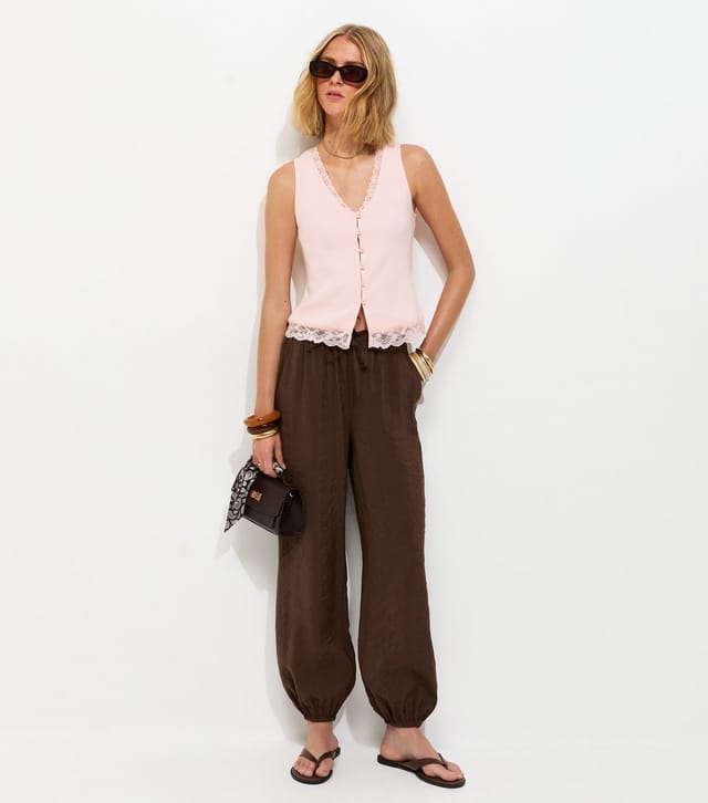 New Look Women's Pink Lace Trim Button Up Rib Vest New Look - 3