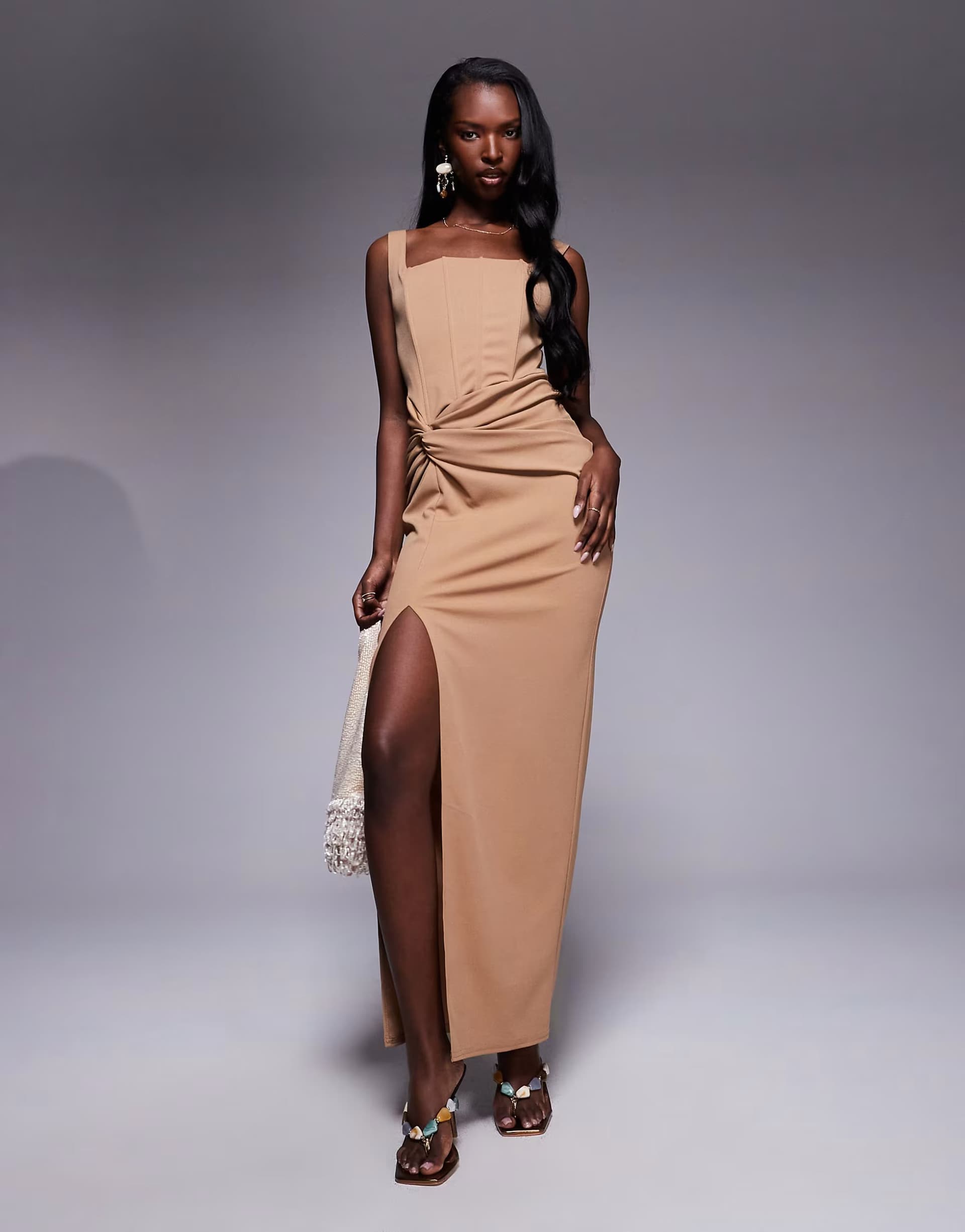 ASOS TFNC corset midi dress with knot front in mocha