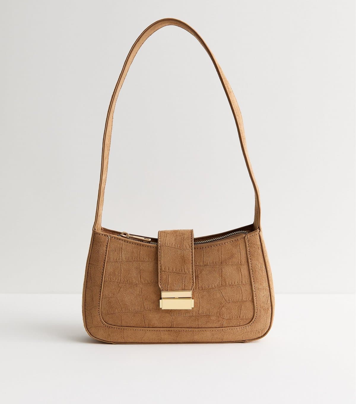 New Look Tan Faux Suede Croc Embossed Shoulder Bag New Look