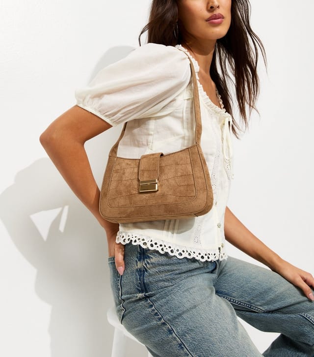 New Look Tan Faux Suede Croc Embossed Shoulder Bag New Look - 2