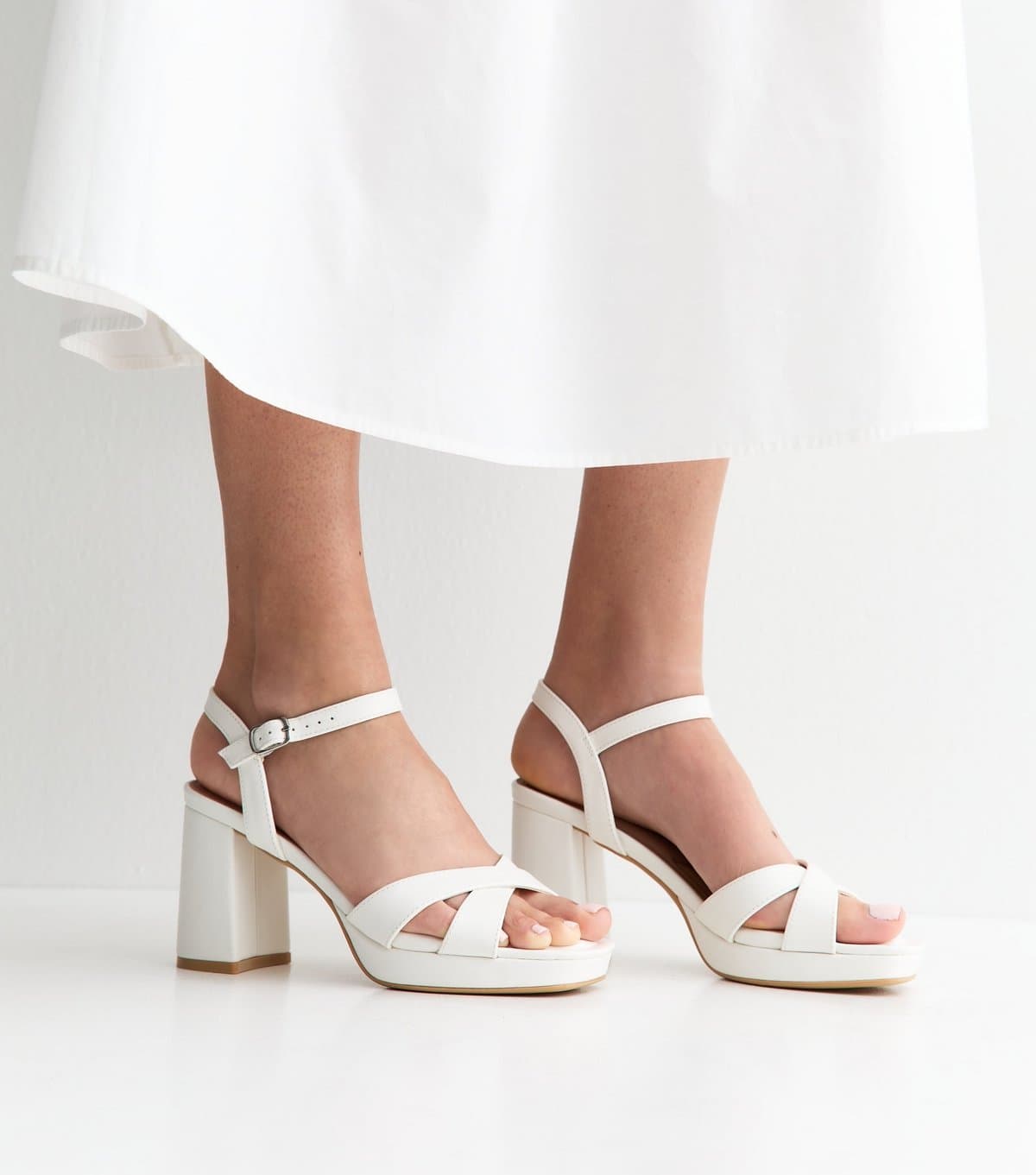 New Look Women's White Faux Leather Platform Sole High Heel Sandals Vegan New Look