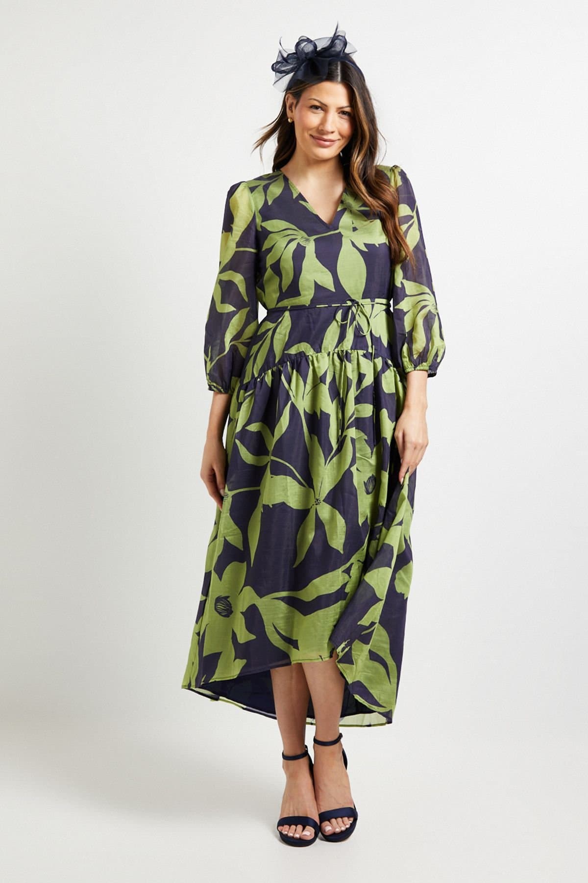 Wallis Wallis Women's Floral Drop Hem Midi Dress in Navy