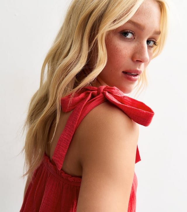 New Look Women's Bright Red Textured Tiered Hem Tie Strap Top New Look - 2