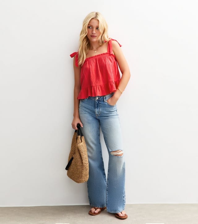 New Look Women's Bright Red Textured Tiered Hem Tie Strap Top New Look - 3