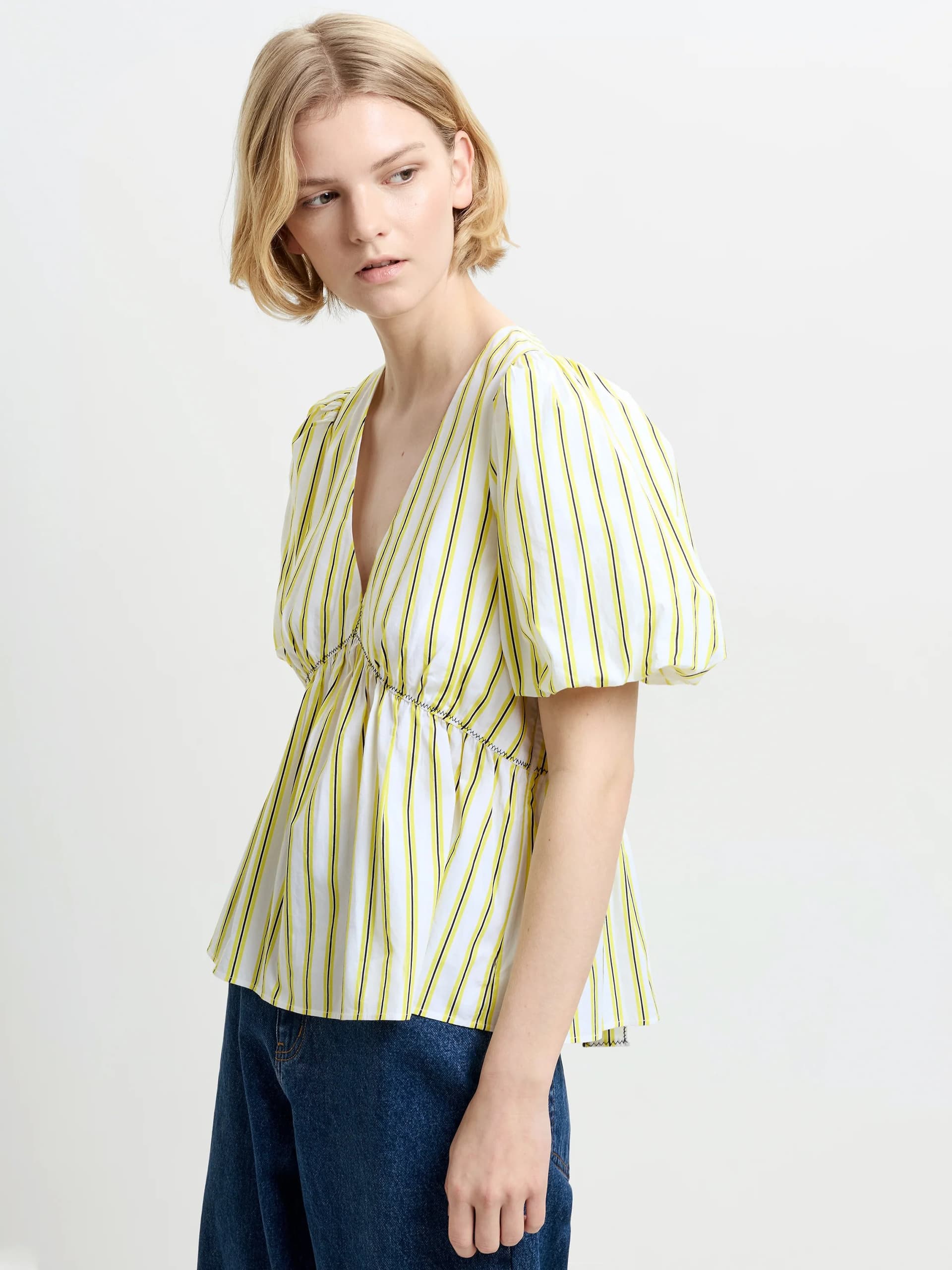 French Connection Cambria Cotton Striped Peplum Top Yellow/Navy Blue Stripe