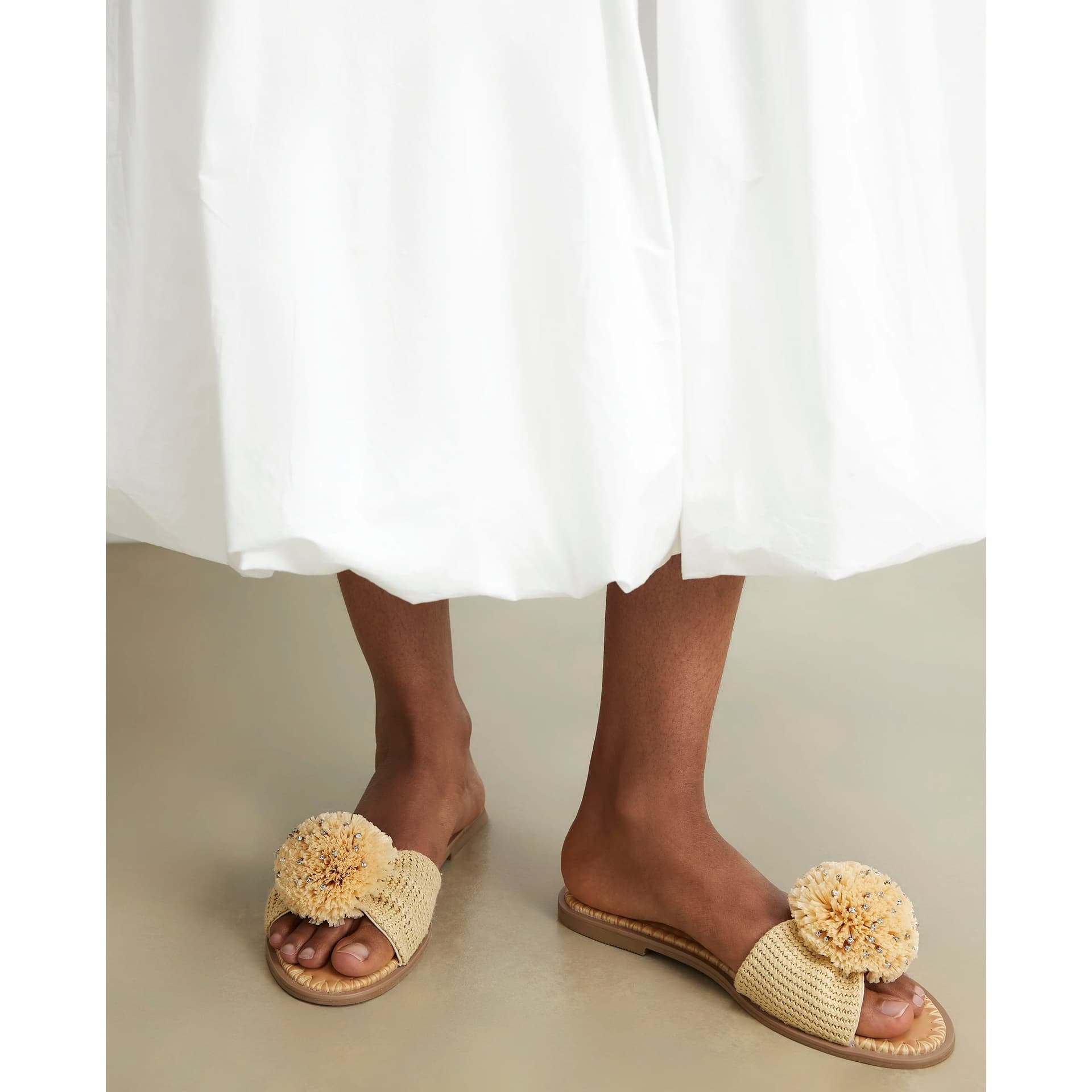 River Island River Island Womens Beige Diamante Pompom Flat Sandals