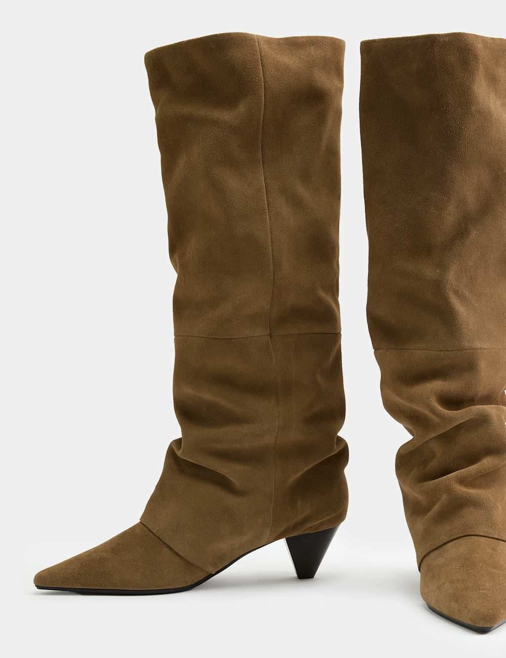 Marks & Spencer M&S Suede Slouchy Kitten Heel Knee High Boots Khaki