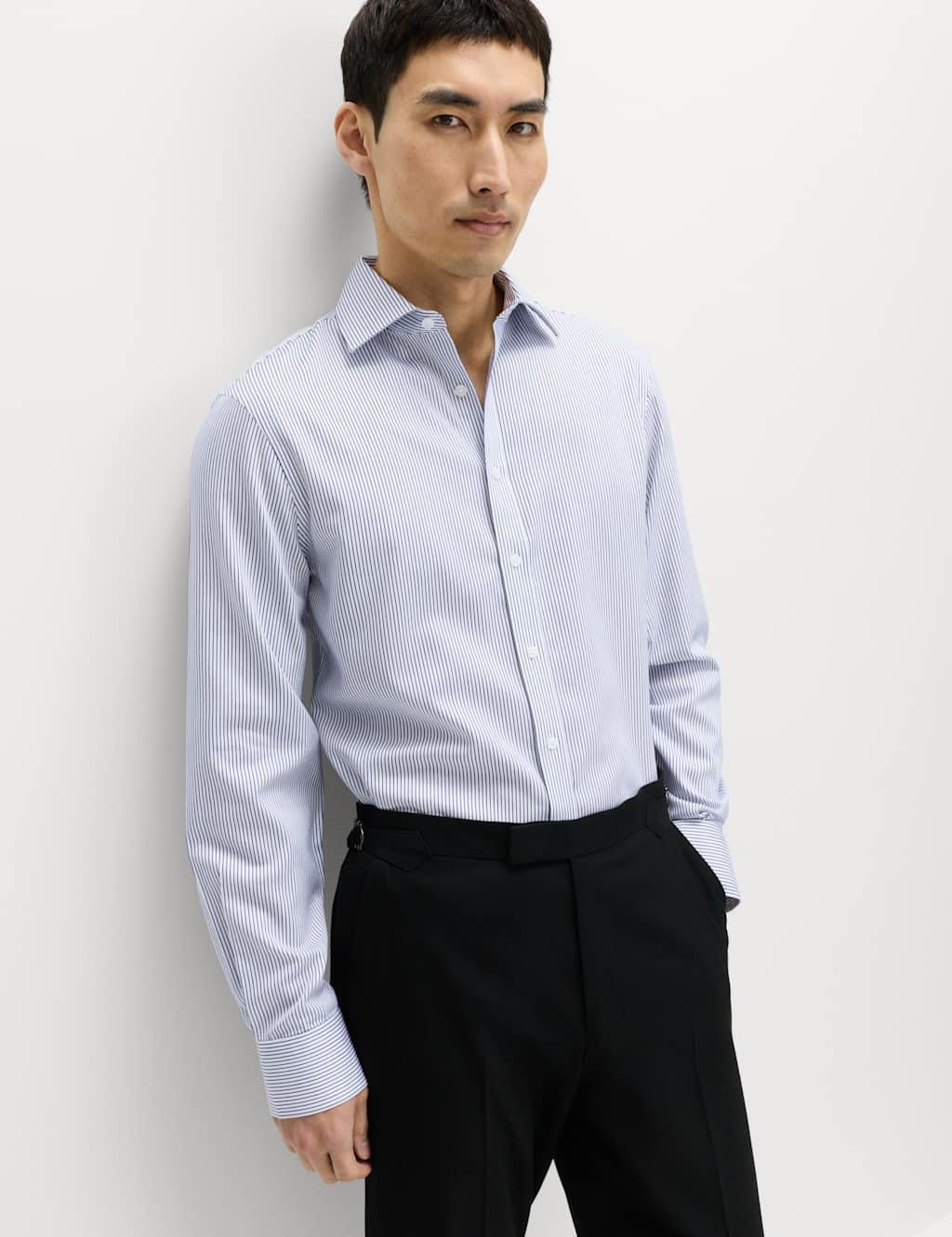 M&S White/Navy Striped Non Iron Cotton Shirt