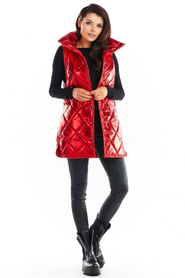 Love Lace Love Lace Women's Awama Quilted Warm High Collar Button Vest in Red - 2