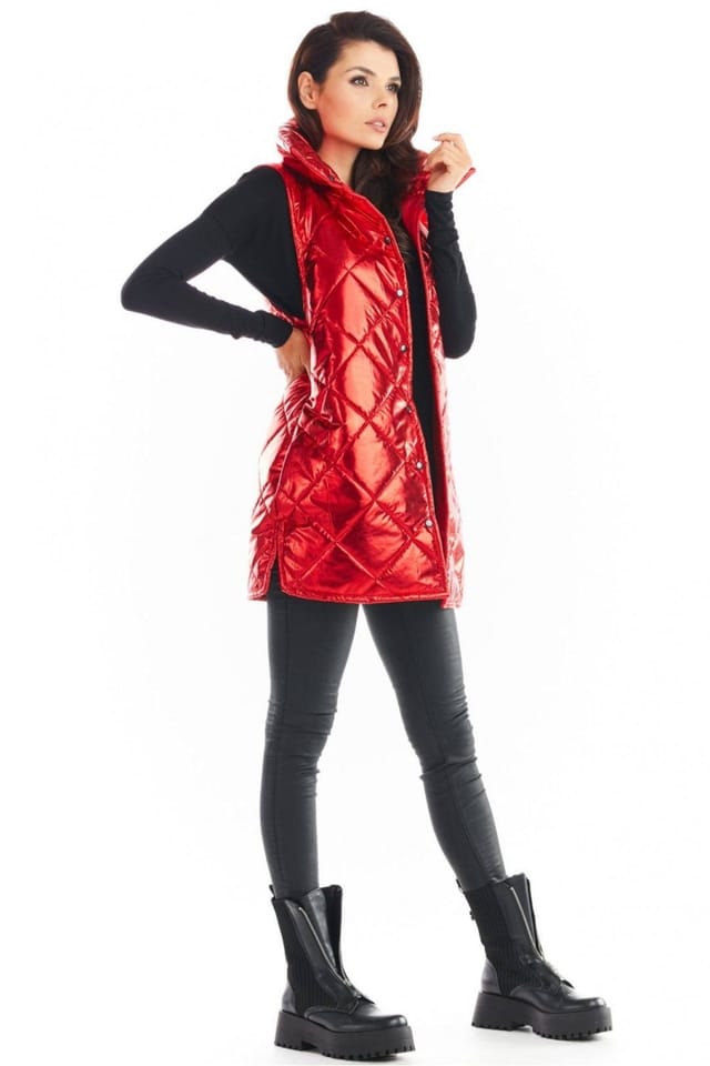 Love Lace Love Lace Women's Awama Quilted Warm High Collar Button Vest in Red - 3