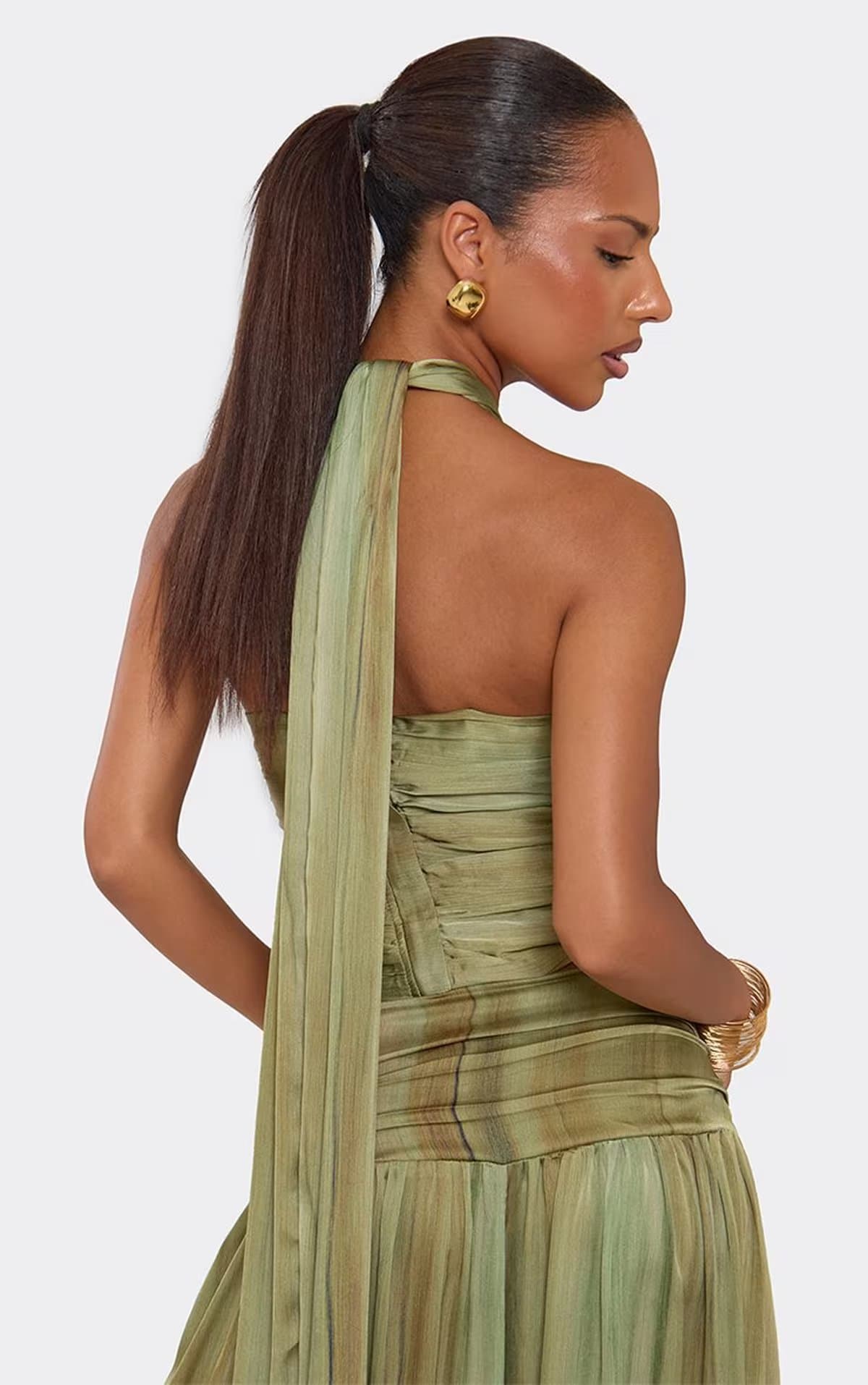 EGO Halterneck Tie Detail Corset Top In Green Ombre Abstract Print, Women's Size UK 6