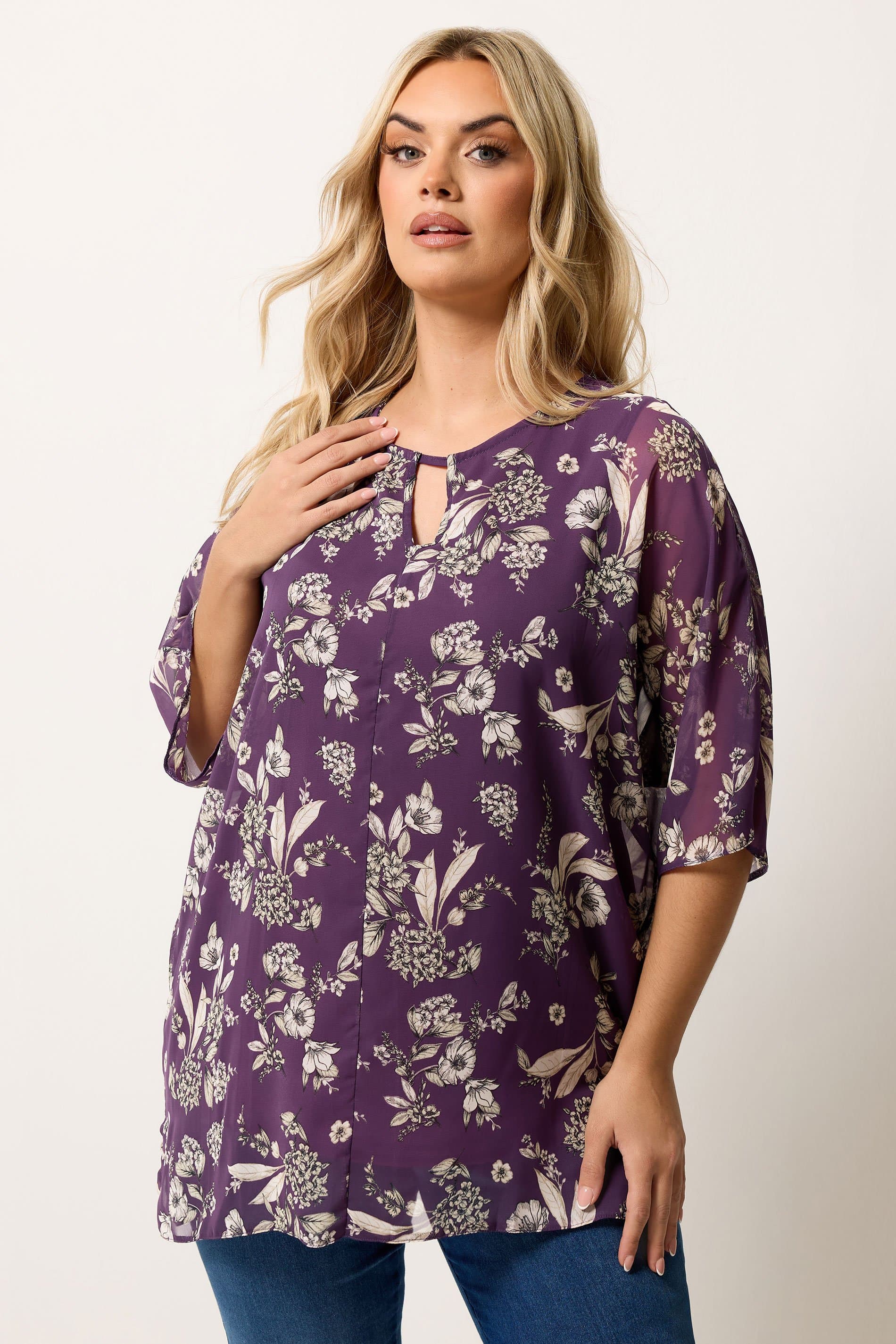 Yours Plus Size Purple Floral Print Keyhole Detail Top
