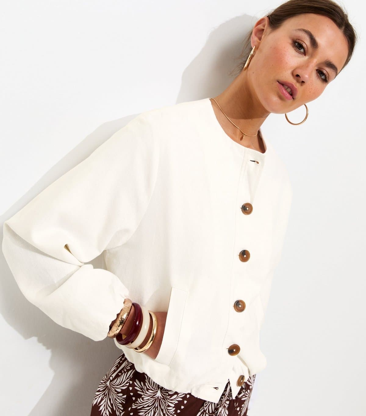 New Look Women's White Linen Blend Button Through Bomber Jacket New Look