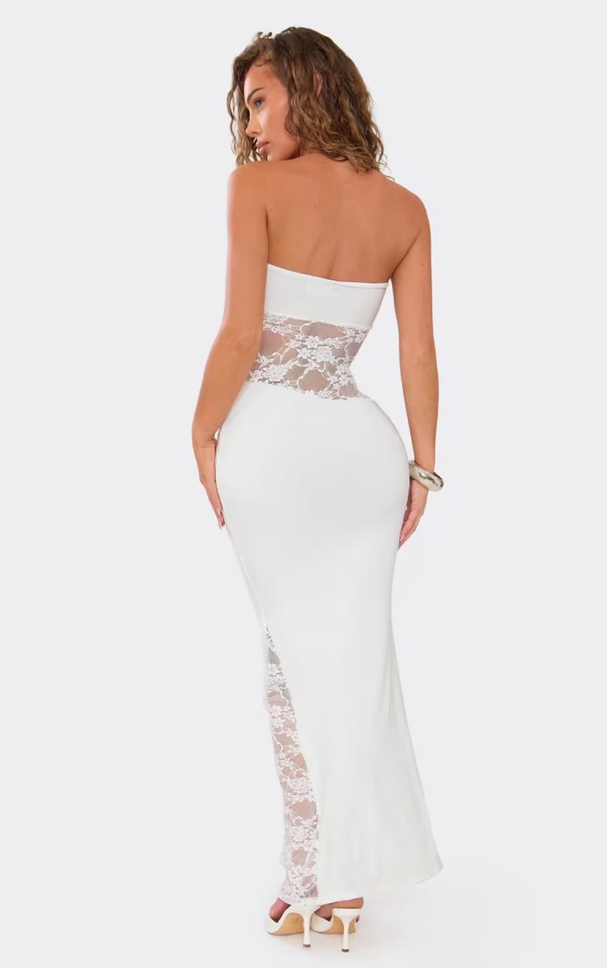 EGO Bandeau Contrast Lace Cut Out Detail Maxi Dress In White, Women's Size UK 6