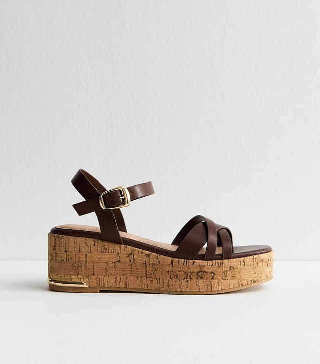 New Look Women's Dark Brown Faux Leather Cross Over Strap Cork Flatform Sandals Vegan New Look - 2