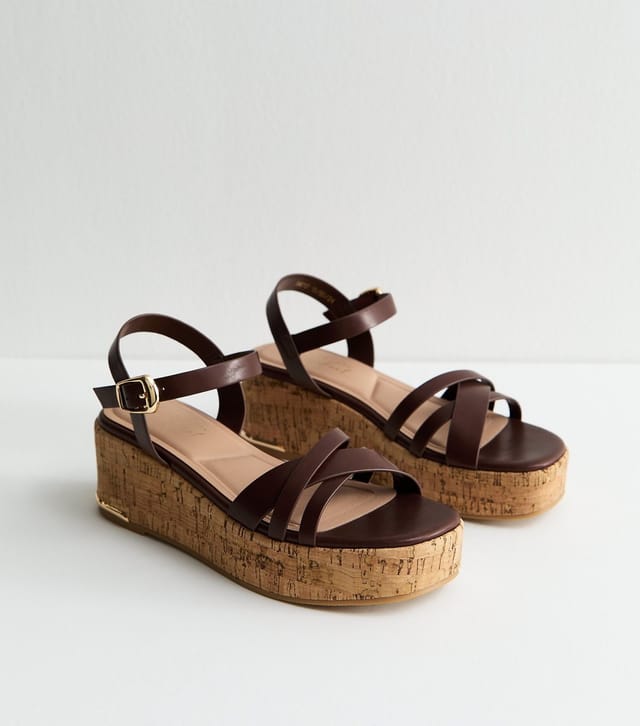 New Look Women's Dark Brown Faux Leather Cross Over Strap Cork Flatform Sandals Vegan New Look - 3