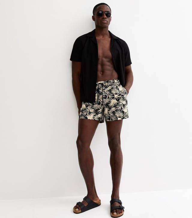 New Look Men's Black Regular Leaf Print Swim Shorts New Look - 3