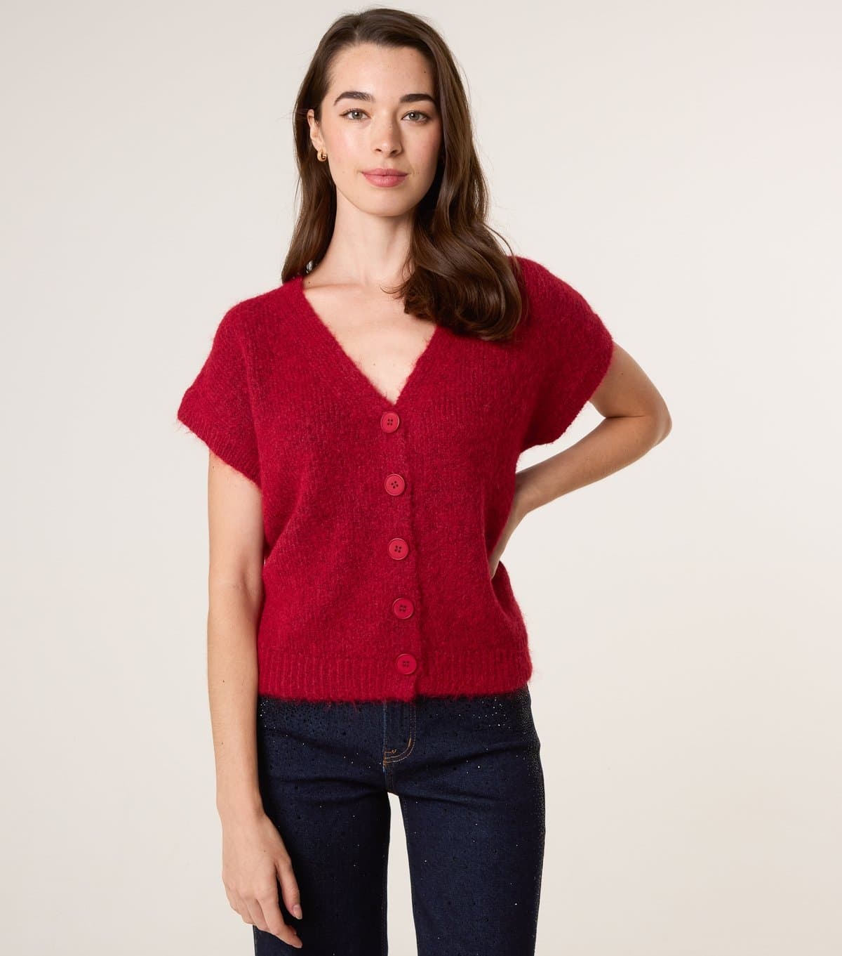 Blue Vanilla Women's Red Fluffy Short Sleeve Cardigan Blue Vanilla New Look