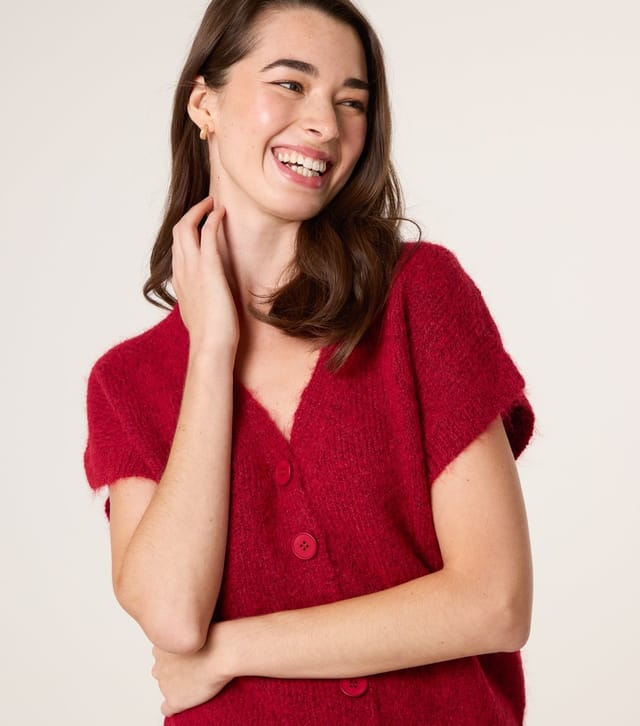 Blue Vanilla Women's Red Fluffy Short Sleeve Cardigan Blue Vanilla New Look - 3