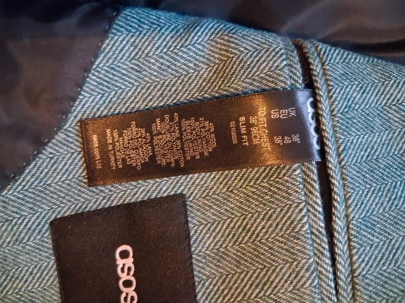 ASOS Blazer, jacket- Asos, slim fit turquoise with herring bone pattern 38R