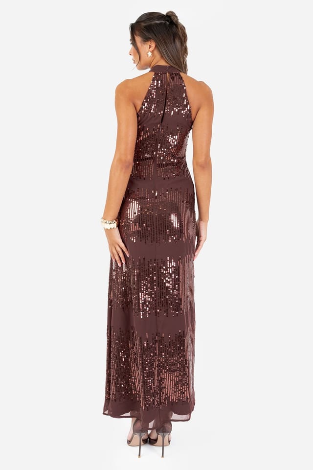 Maya Deluxe Maya Deluxe Women's Linear Embellishment Halter Neck Maxi Dress in Brown - 2