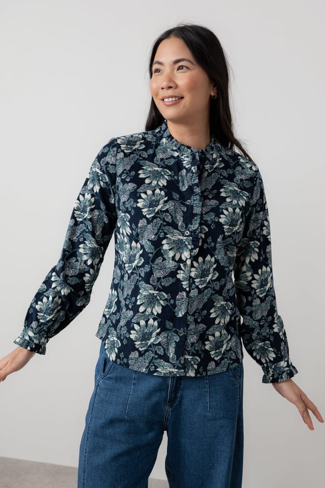 Lily & Me Lily & Me Women's Rachel Cotton Pincord Frill Blouse with Classic buttoned long sleeves in Navy - 2