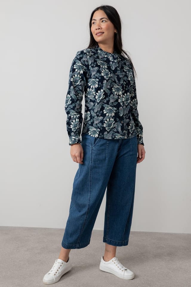 Lily & Me Lily & Me Women's Rachel Cotton Pincord Frill Blouse with Classic buttoned long sleeves in Navy - 3