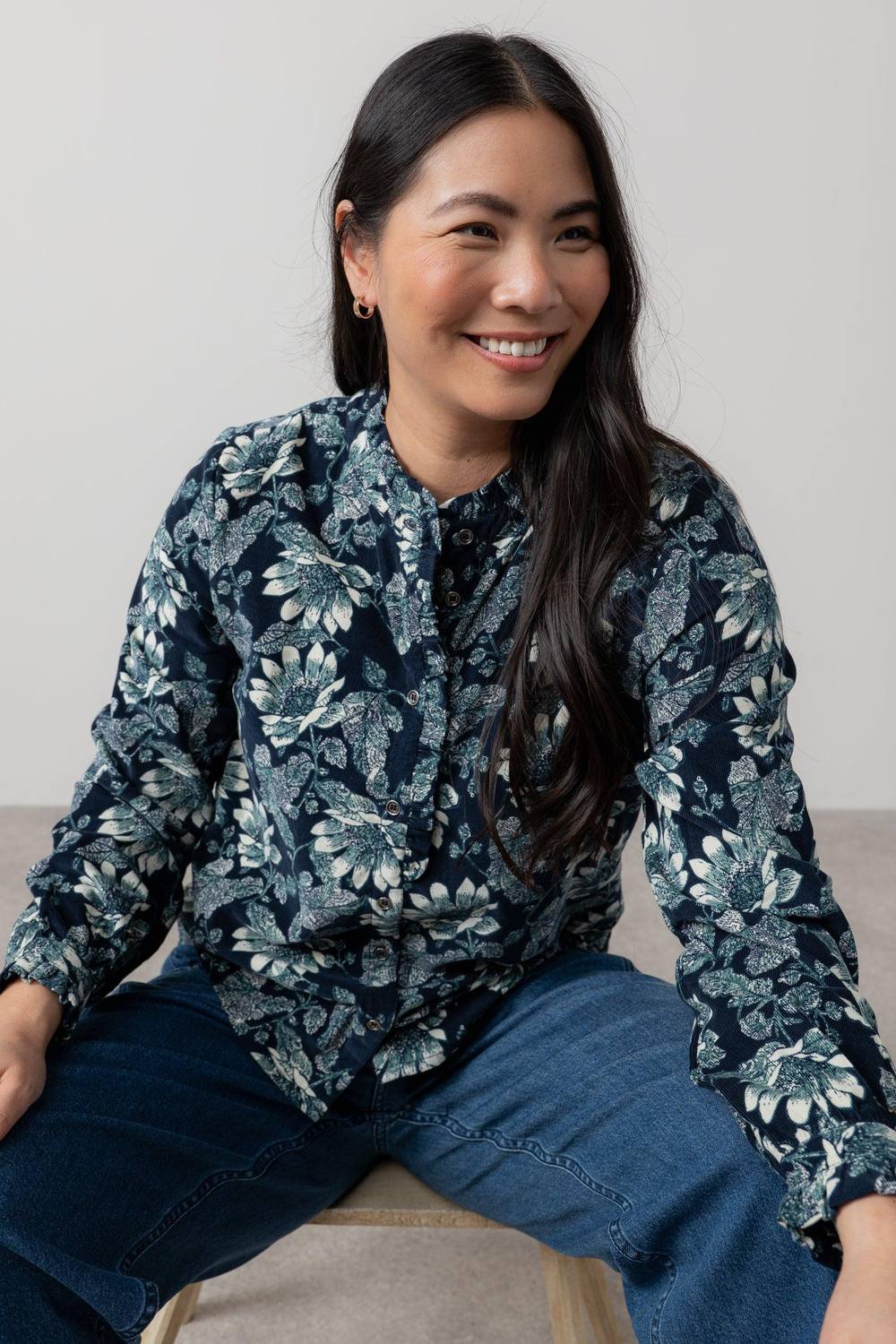 Lily & Me Lily & Me Women's Rachel Cotton Pincord Frill Blouse with Classic buttoned long sleeves in Navy - 4