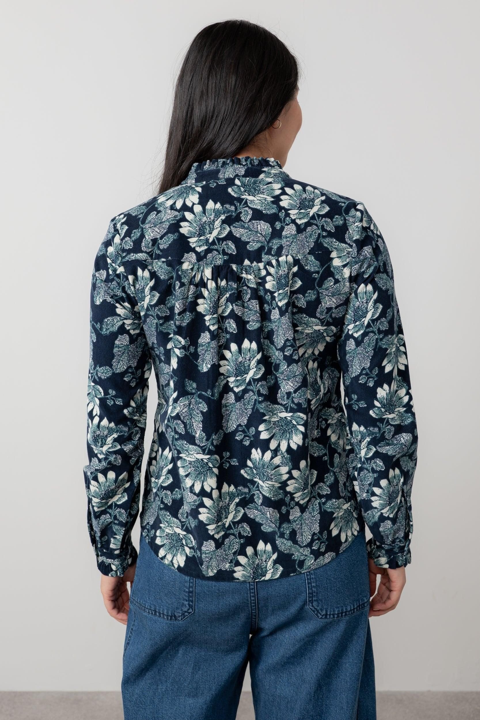Lily & Me Lily & Me Women's Rachel Cotton Pincord Frill Blouse with Classic buttoned long sleeves in Navy - 4