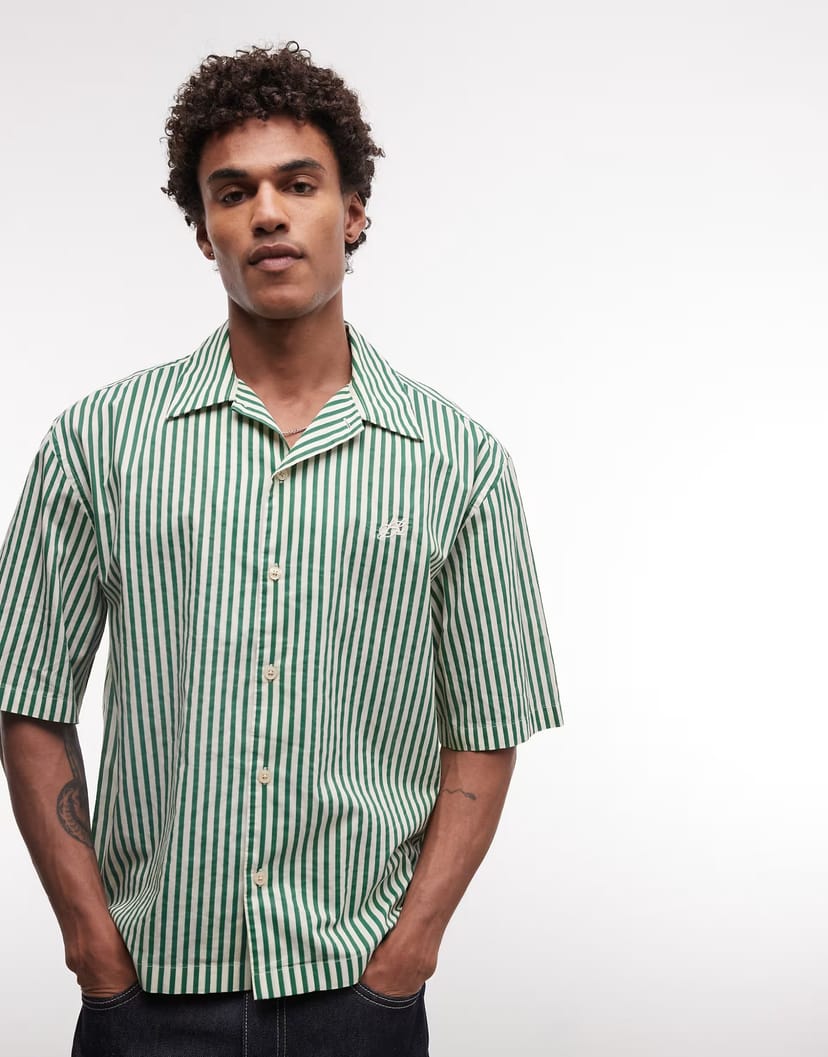 ASOS AllSaints Chopin short sleeve logo shirt in green and white stripe - 1