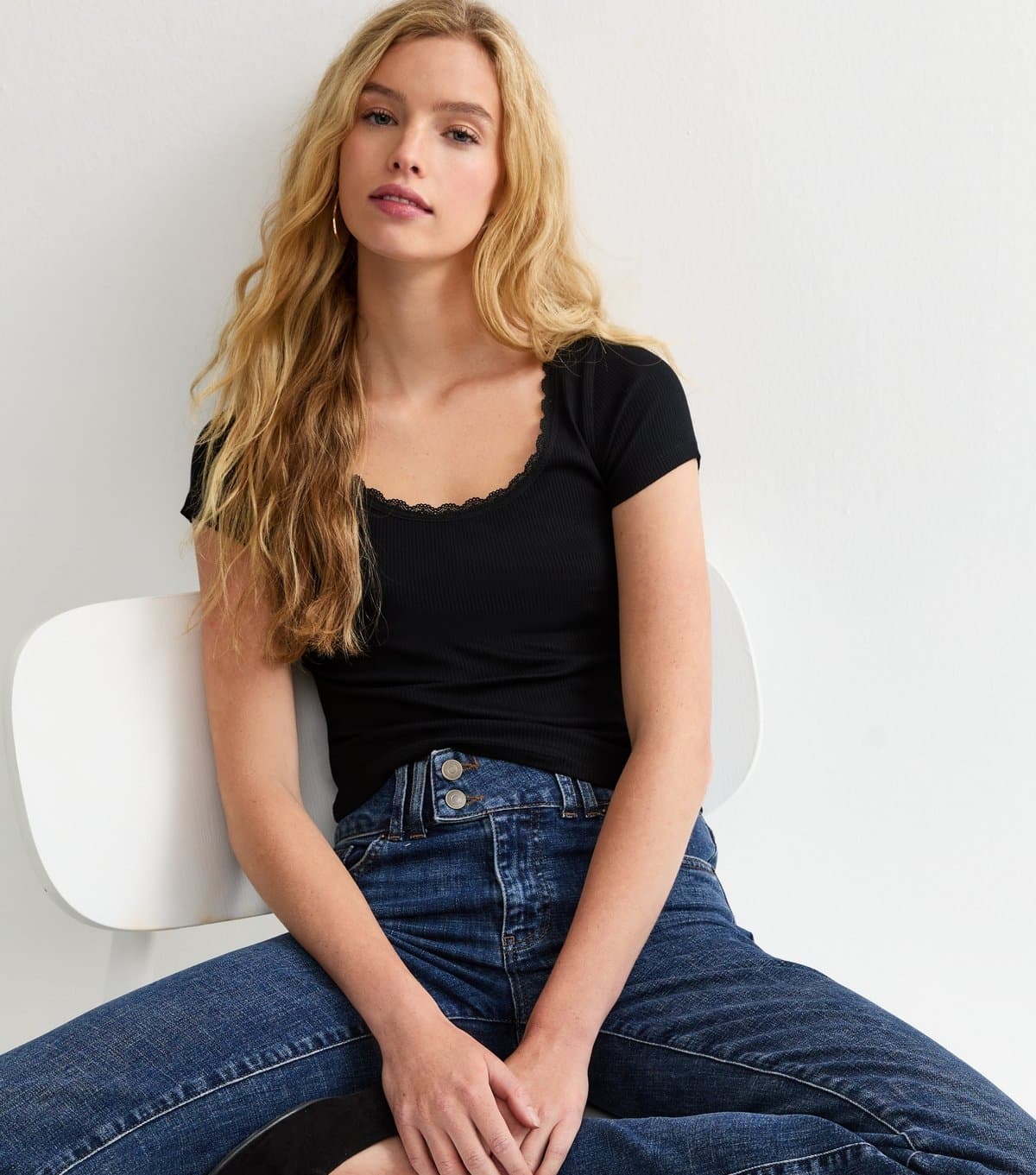 New Look Women's Black Lace Trim Scoop Neck T-Shirt New Look