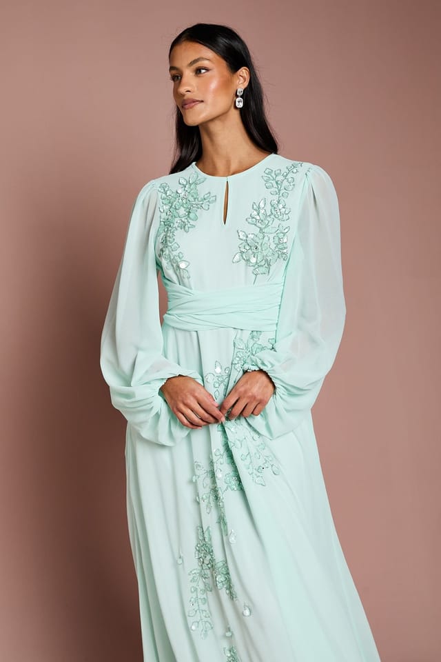 Coast Coast Women's Petite Long Sleeve Wrap Waist Embellished Floral Maxi Dress in Mint - 2