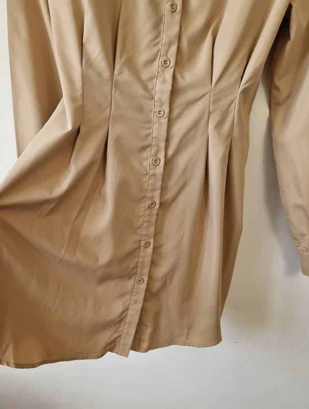 Boohoo Police Sheriff Themed Shirt Dress Size 10 Beige Pleat Front Mini Long Sleeved