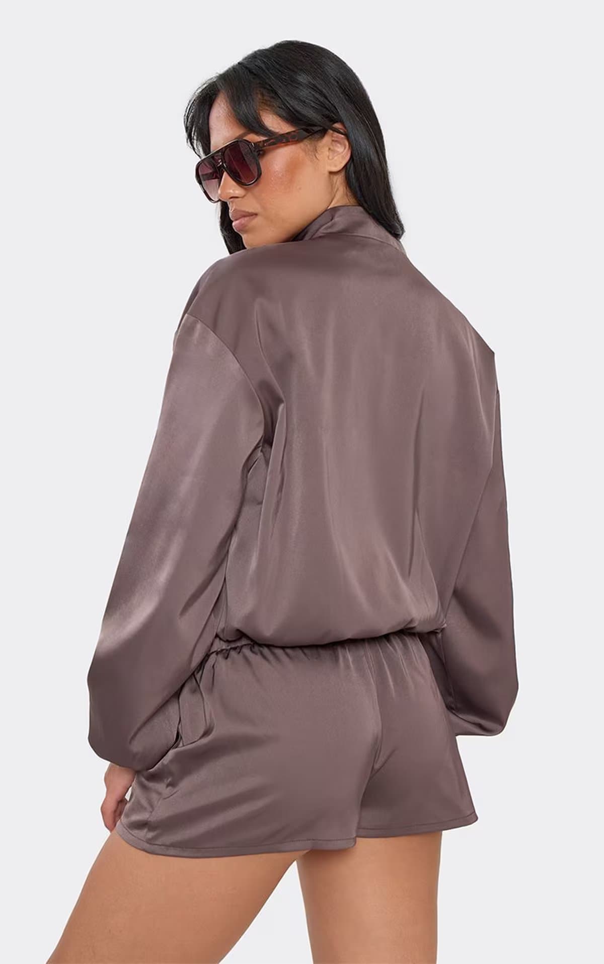 EGO Long Sleeve Zip Up Front Pocket Detail Jacket In Chocolate Brown Satin, Women's Size UK 6