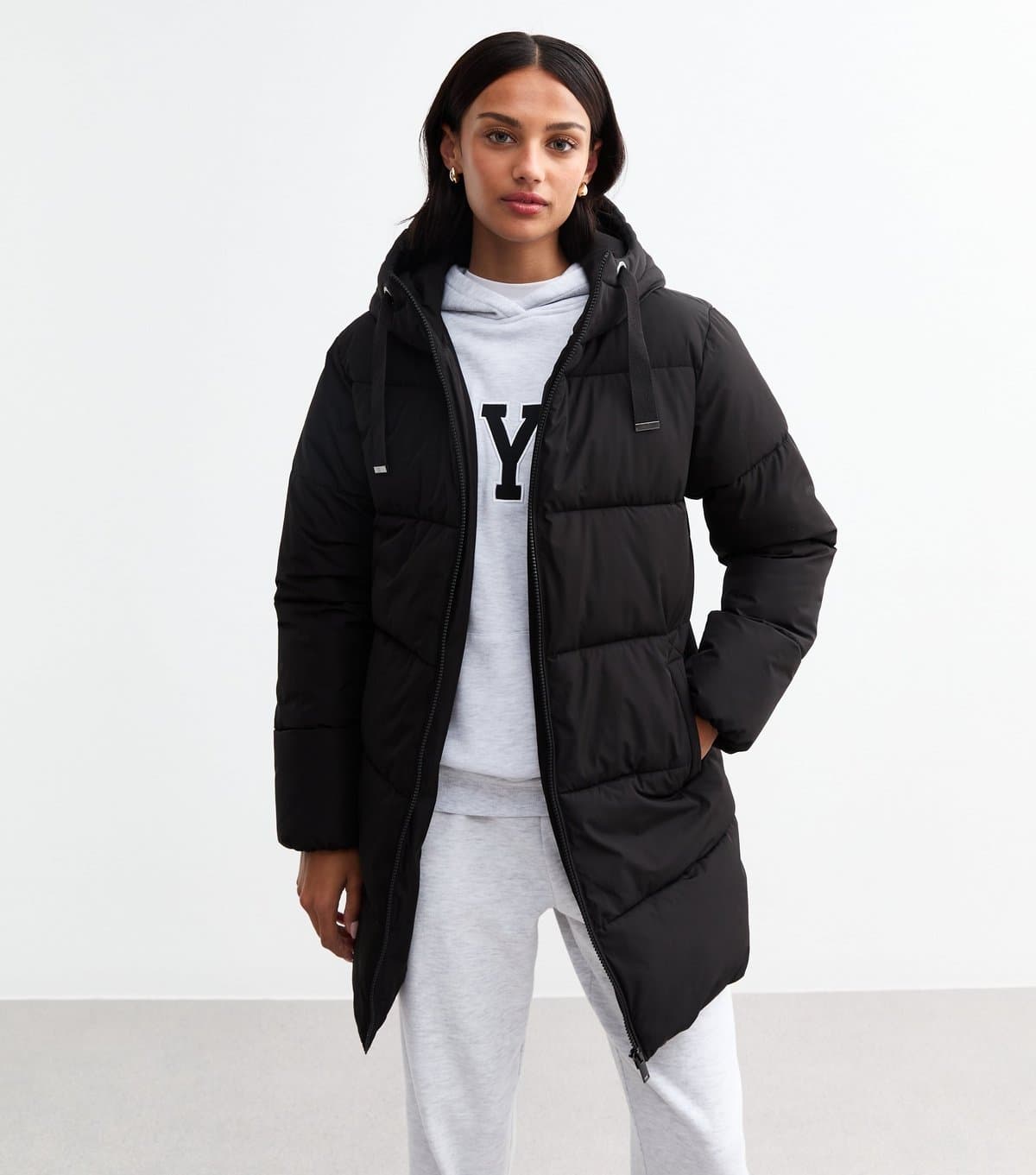 New Look Women's Black Hooded Mid Length Puffer Coat New Look