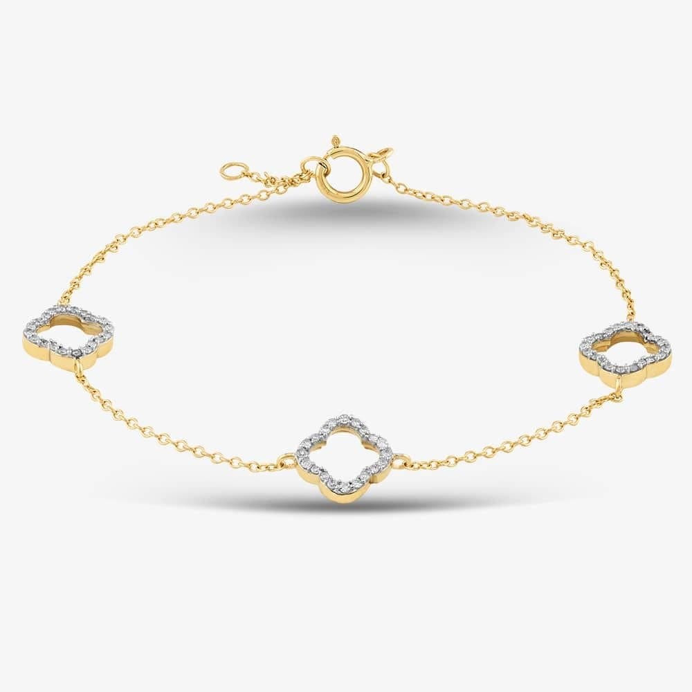 T.H.Baker T.H.Baker Women's 9ct Yellow Gold 0.20ct Brilliant Cut Diamond Triple Clover Chain Bracelet THB39617-20NJ (YG) in Silver