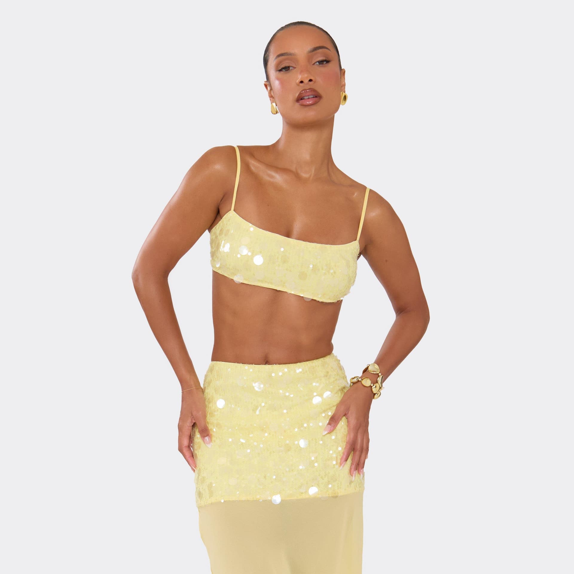 EGO Square Neck Bralet Top In Lemon Sequin, Women's Size UK 4