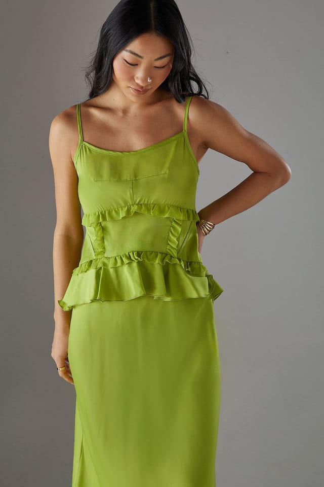 Warehouse Warehouse Women's Petite Satin Strappy Seam Detail Peplum Midi Dress in Chartreuse - 2