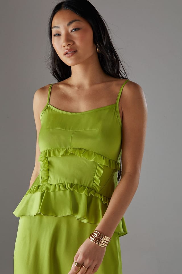 Warehouse Warehouse Women's Petite Satin Strappy Seam Detail Peplum Midi Dress in Chartreuse - 3