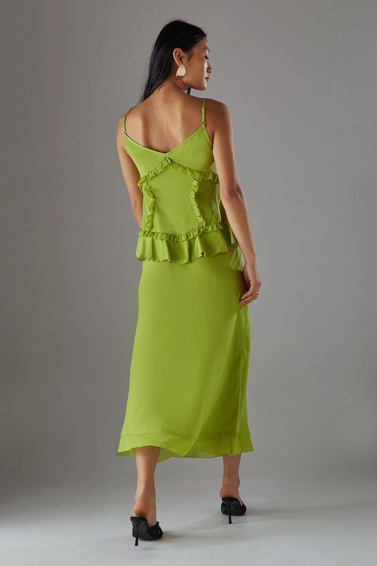 Warehouse Warehouse Women's Petite Satin Strappy Seam Detail Peplum Midi Dress in Chartreuse - 4
