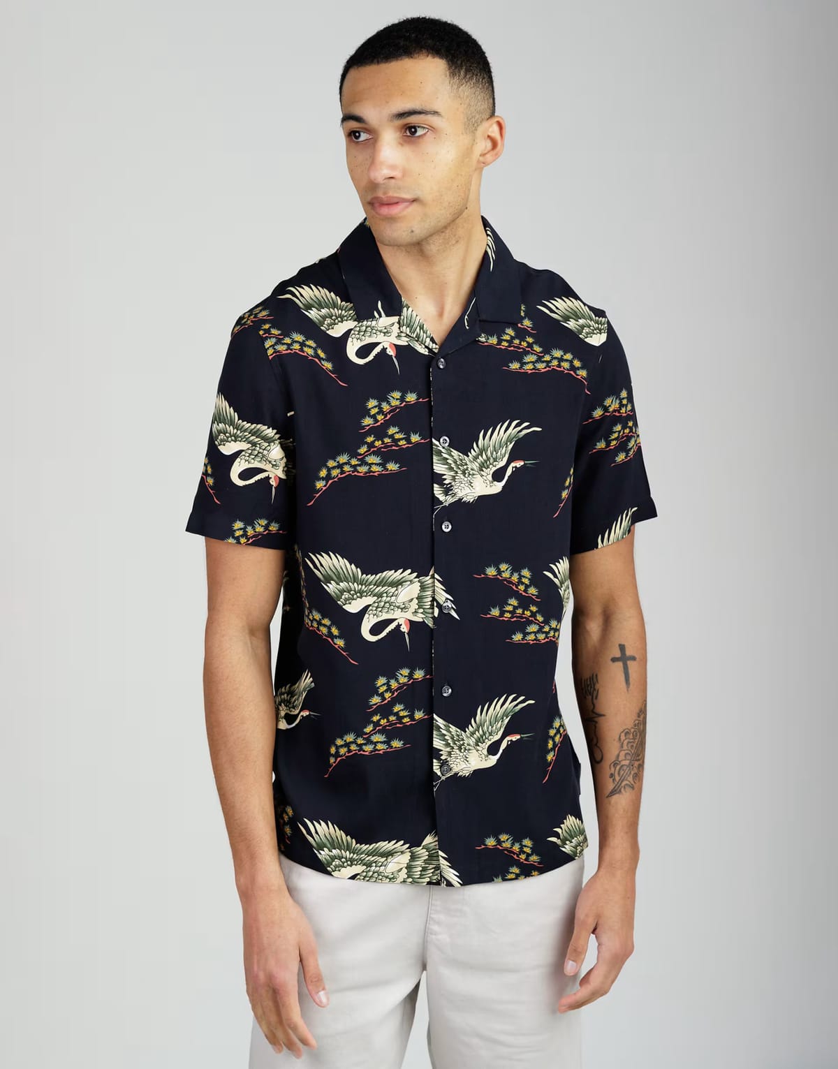 ASOS French Connection Bird print short sleeve revere collar shirt in navy - 1
