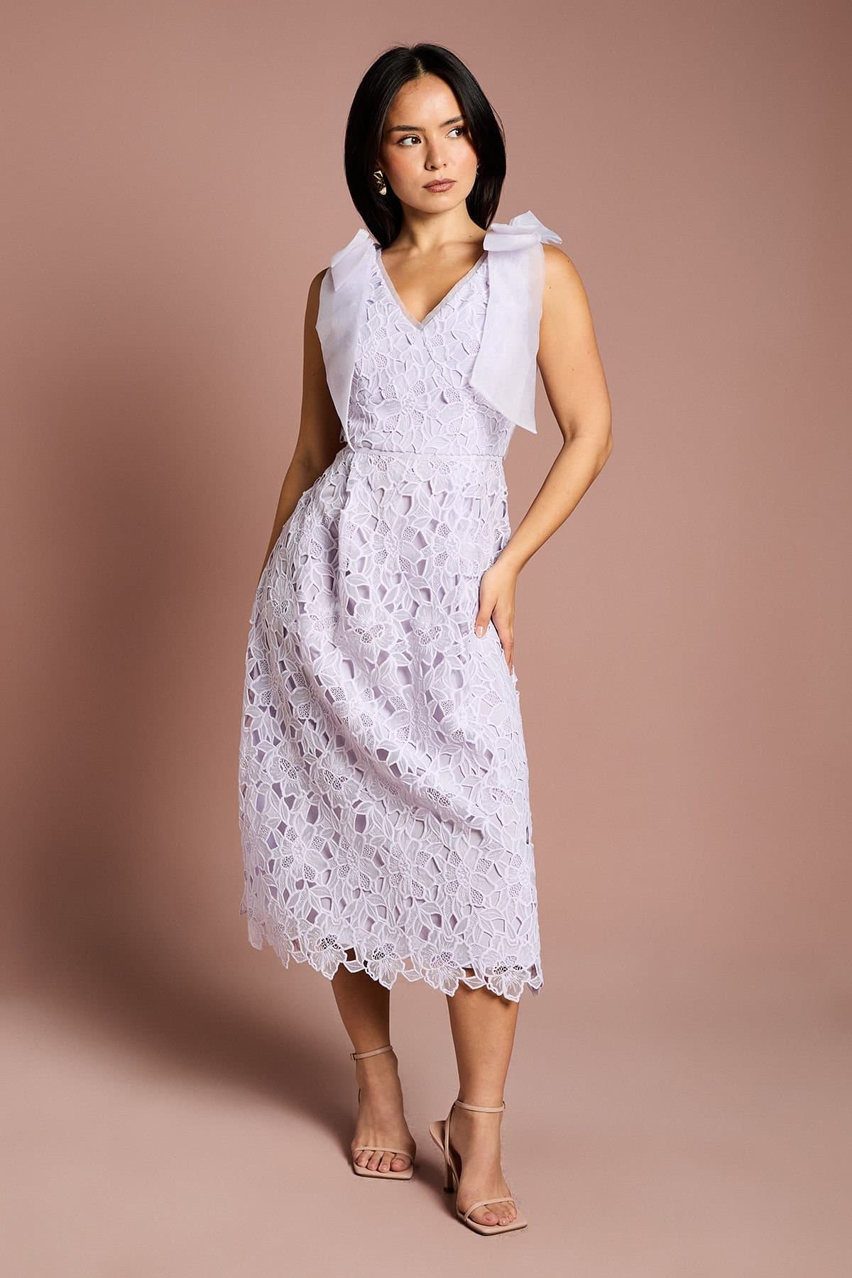 Coast Coast Women's Petite Bow Shoulder Organza Lace Midi Dress in Lilac