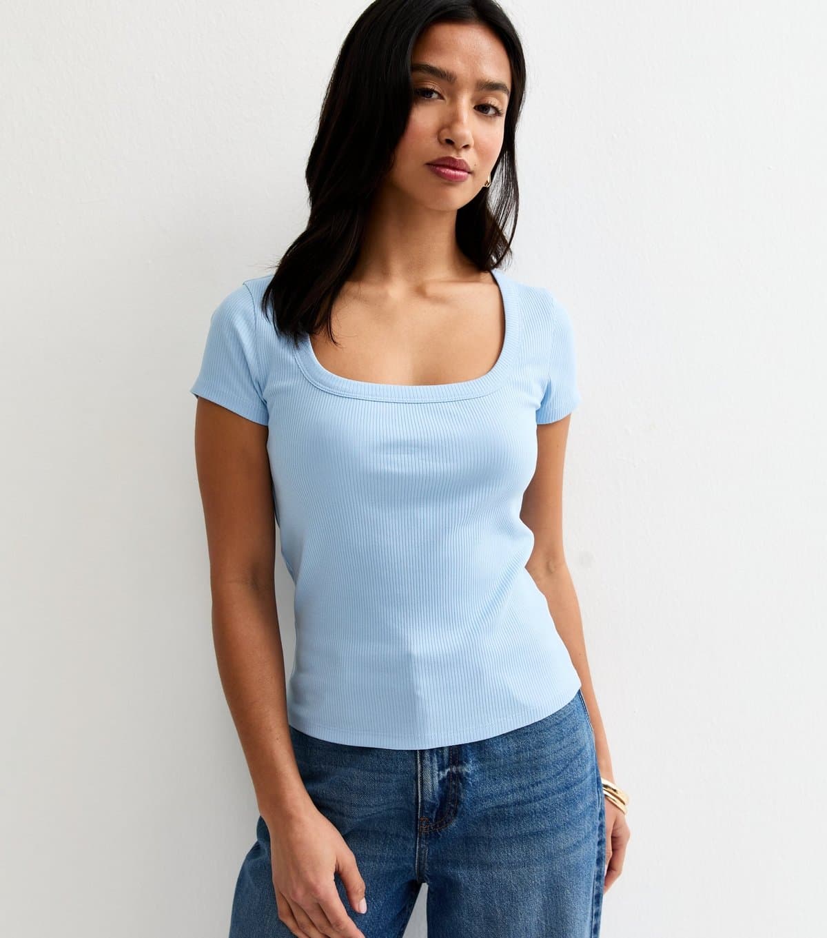 New Look Women's Petite Light Blue Ribbed Square Neck Top New Look
