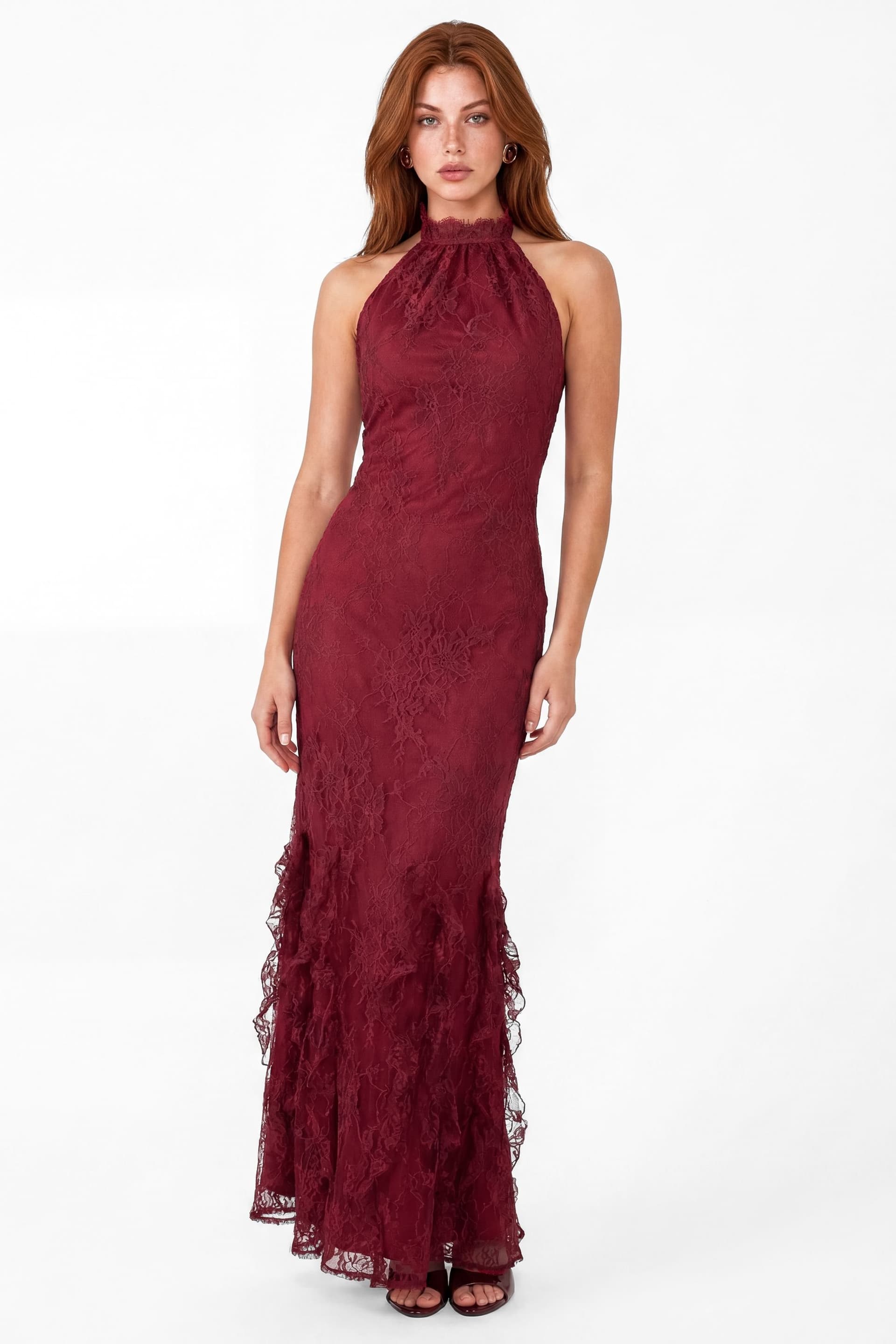 Maya Deluxe Maya Deluxe Women's Halter Neck Ruffle Hem Lace Maxi Dress in Wine