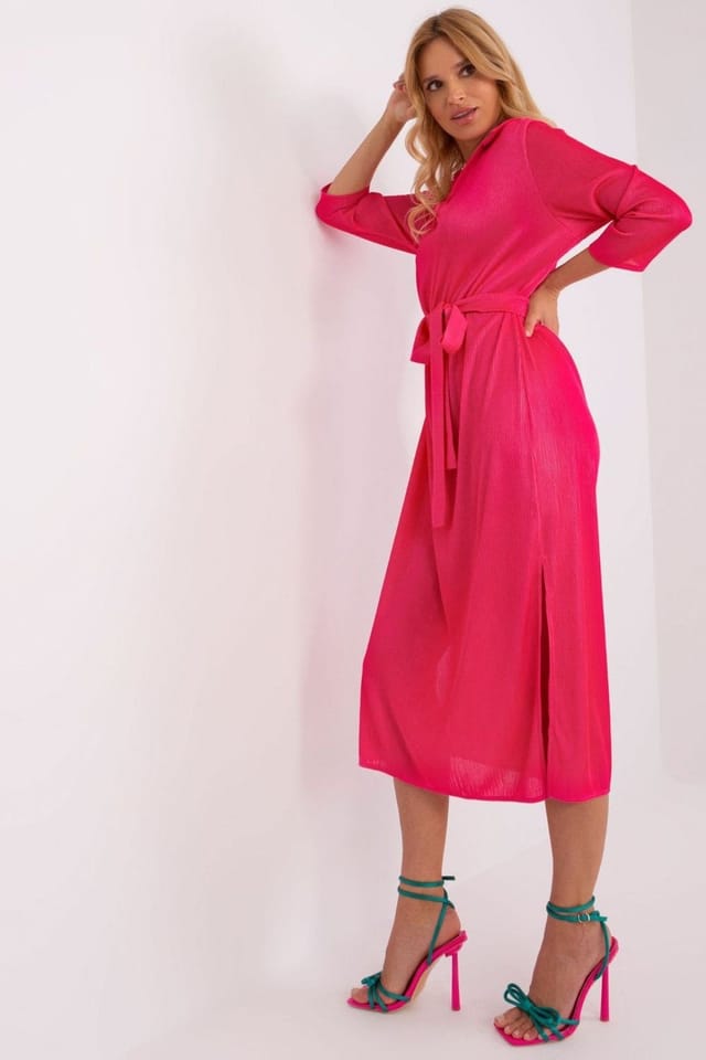 Love Lace Love Lace Women's Ribbed Tie Waist V Neck Dress with Slits in Pink - 2