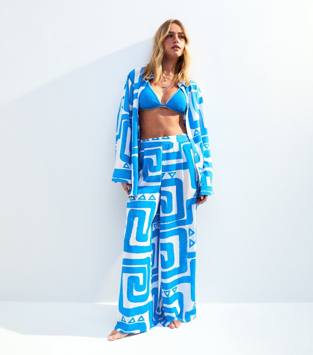 New Look Women's Blue Swirl Patterned Wide Leg Beach Trousers New Look